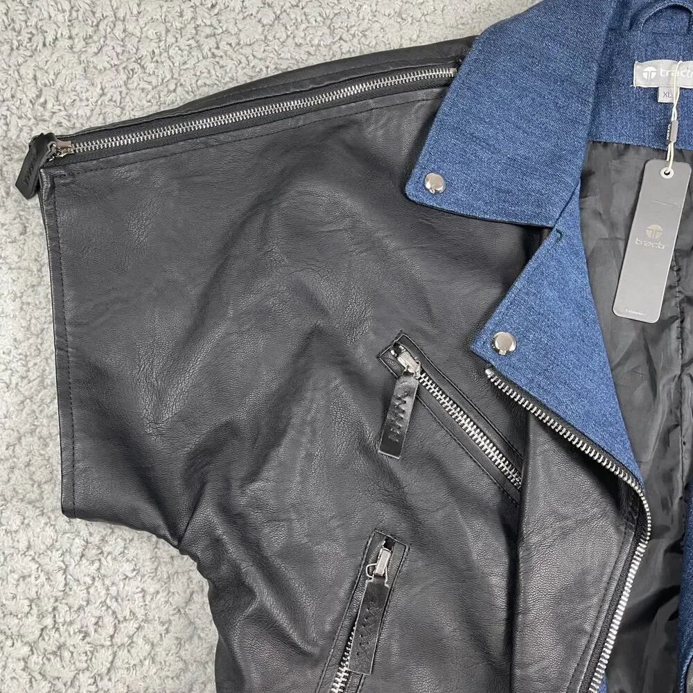 TRACTR Leather Denim Contrasting Moto Jacket Womens XL Short Sleeve Zip Biker - Picture 2 of 11